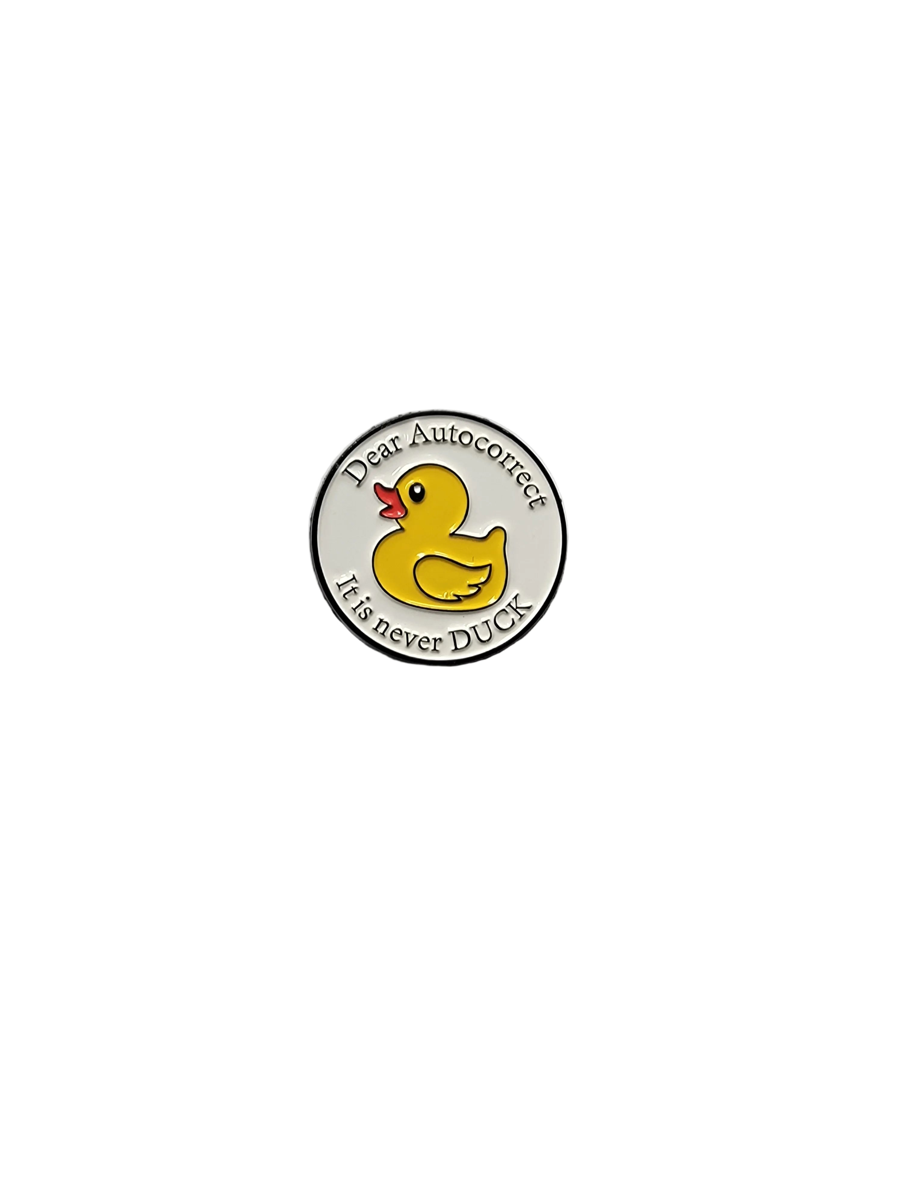 Round badge with a yellow duck illustration and text on a white background