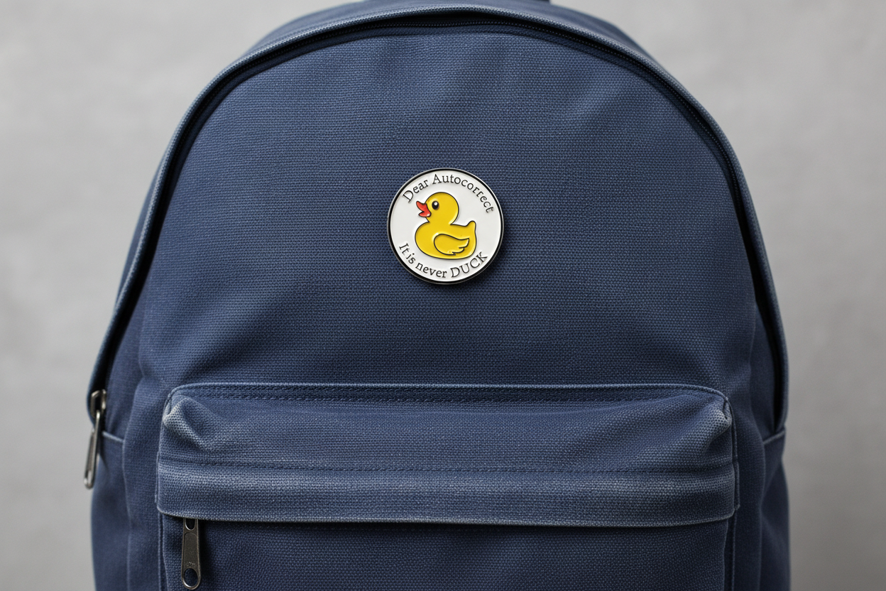Round badge with a yellow duck illustration and text on a navy fabric background
