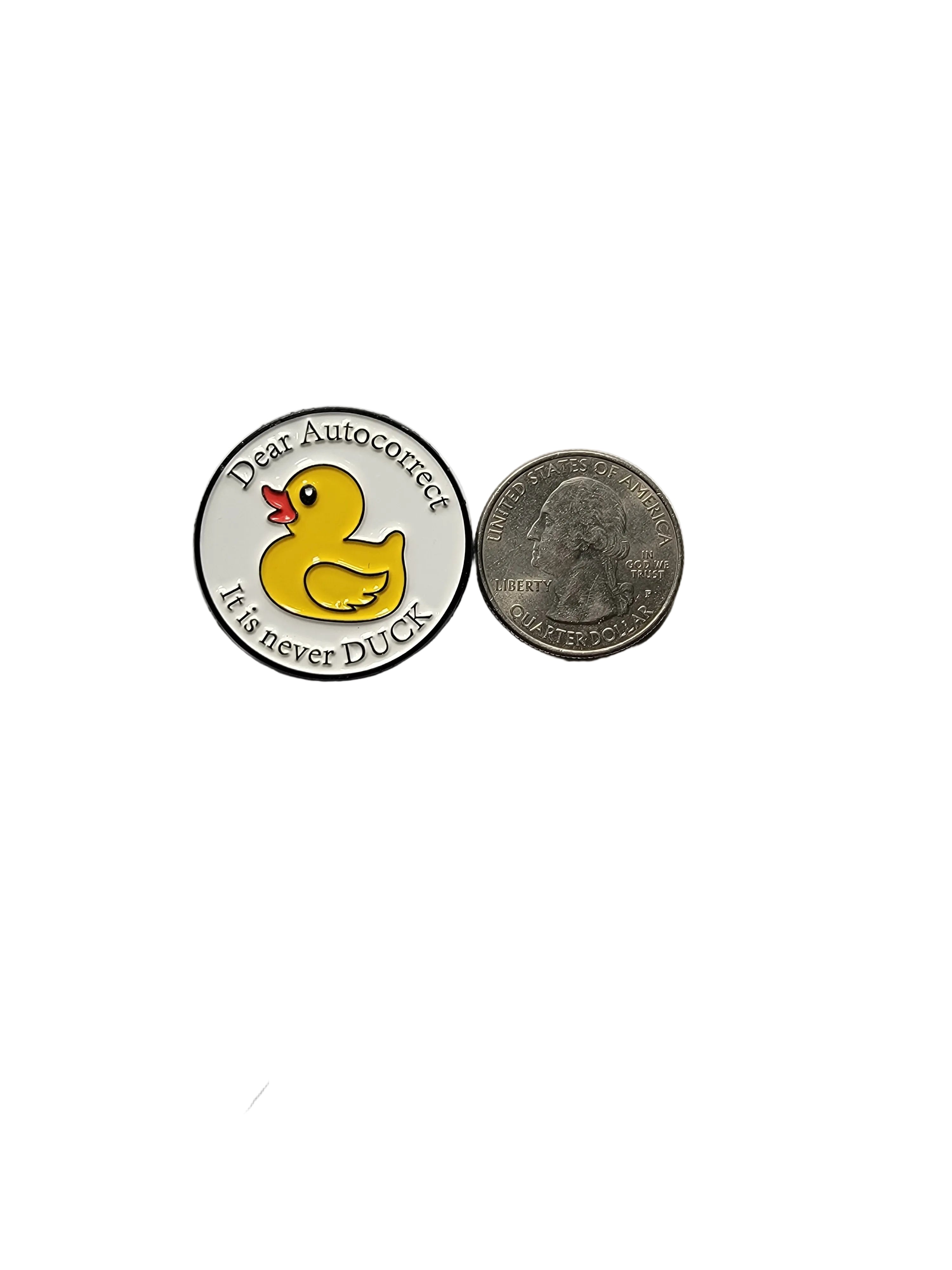 Small round badge with a duck illustration and text next to a coin on a gray background