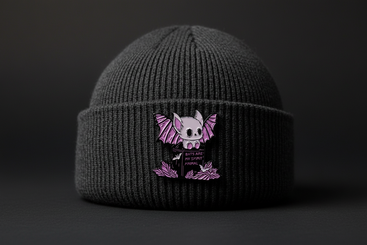 bats are my spirit animal enamel pin worn on beanie hat gothy enamel pin for casual outfits and street wear