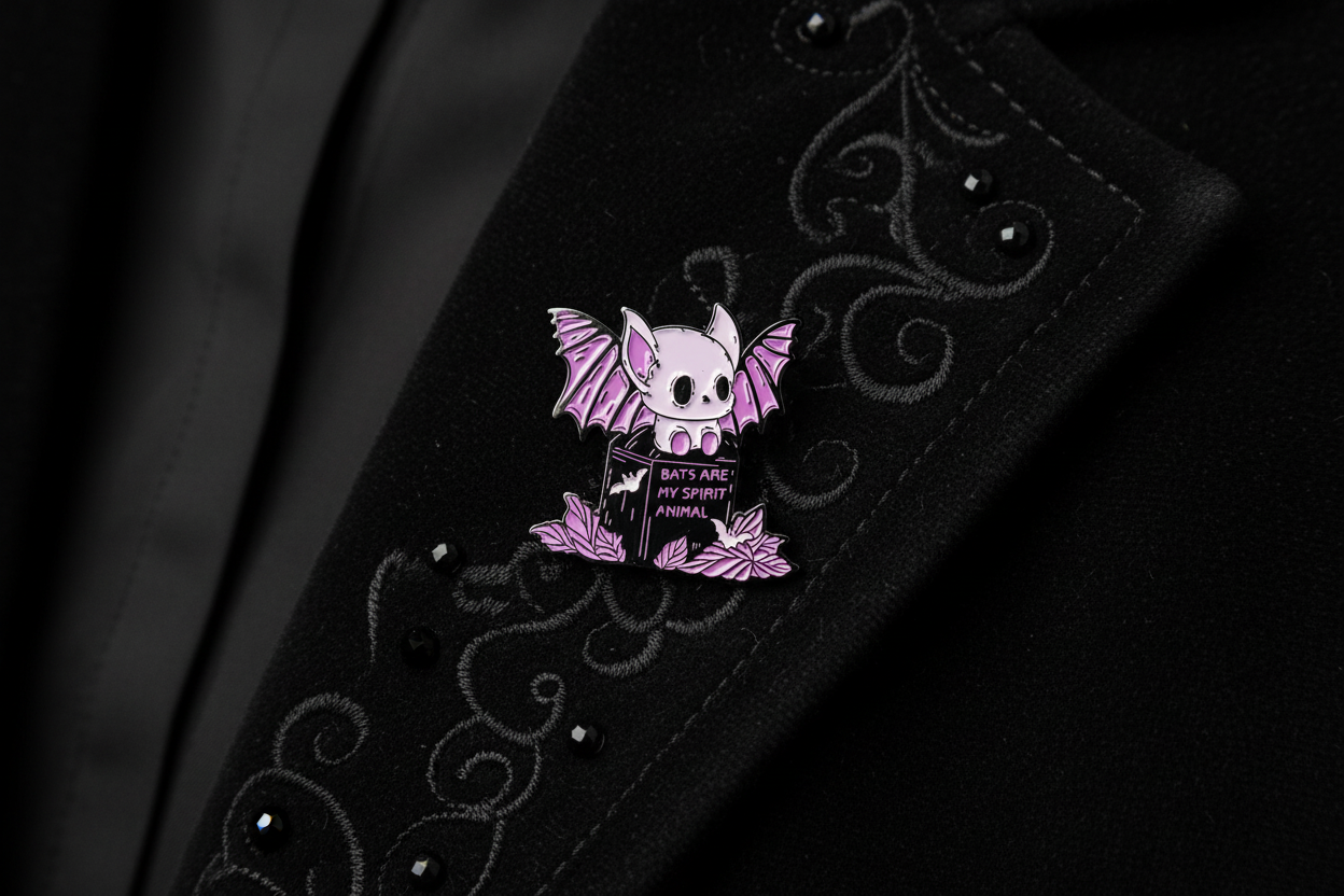 bats are my spirit animal enamel pin worn on jacket lapel, alternative pin style for everyday wear