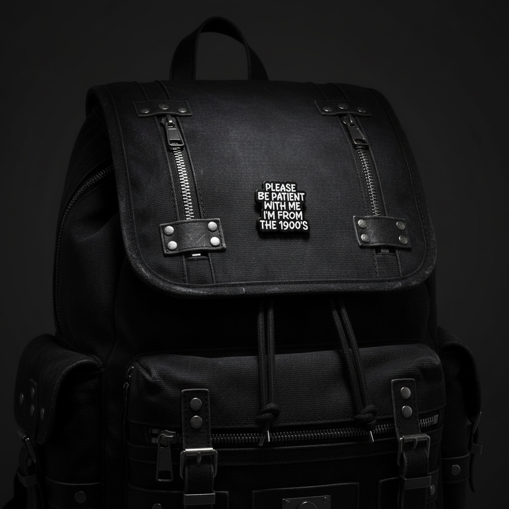 Please be patient with me i'm from the 1900s enamel pin on backpack old person accessory for customizing bags and school gear