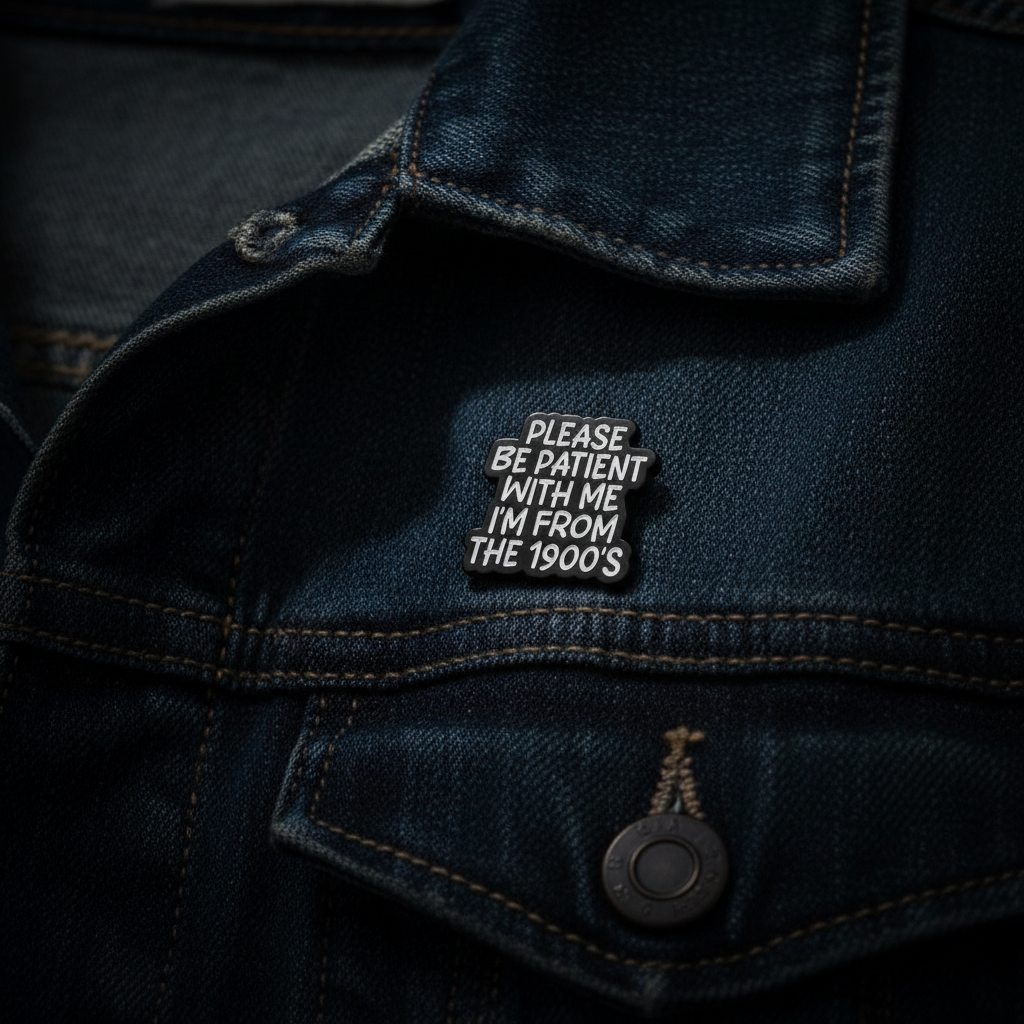 Please be patient with me i'm from the 1900s enamel pin worn on jacket lapel, funny pin style for everyday wear