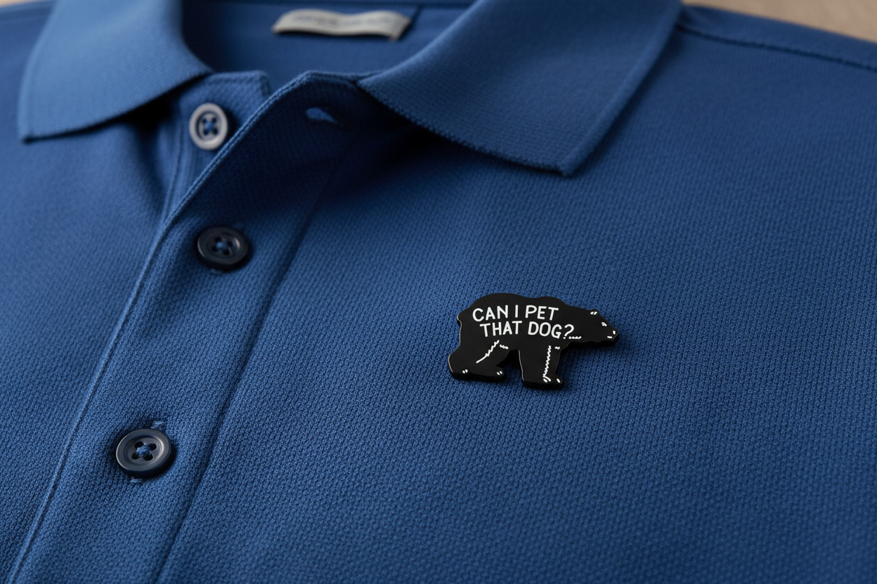 Black bear-shaped pin with text on a blue fabric background