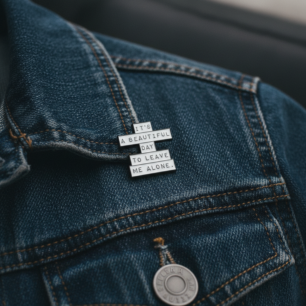 it's a beautiful day to leave me alone enamel pin worn on jacket lapel, sarcastic pin style for everyday wear