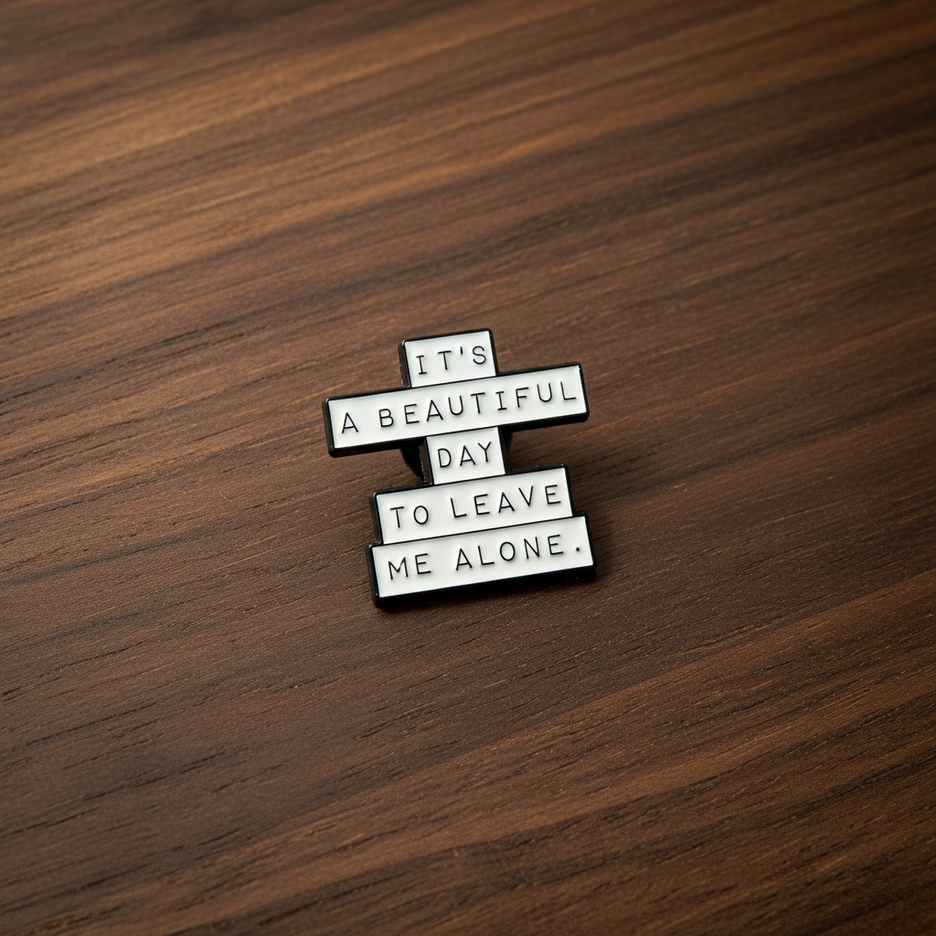 It's a beautiful day to leave me alone enamel pin on wood background sassy enamel pin with black and white text detail