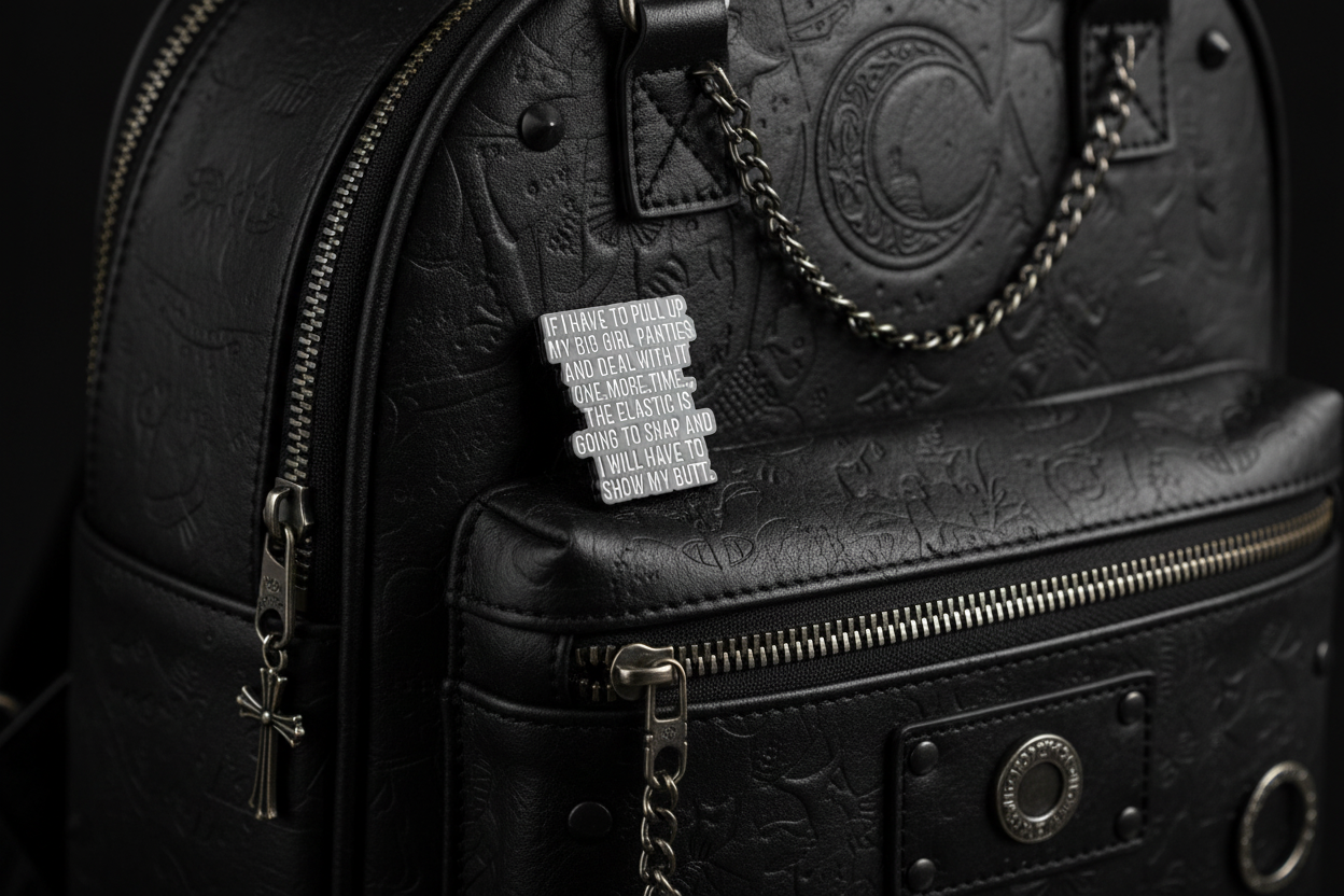 a black enamel pin with white text on a black bookbag background
