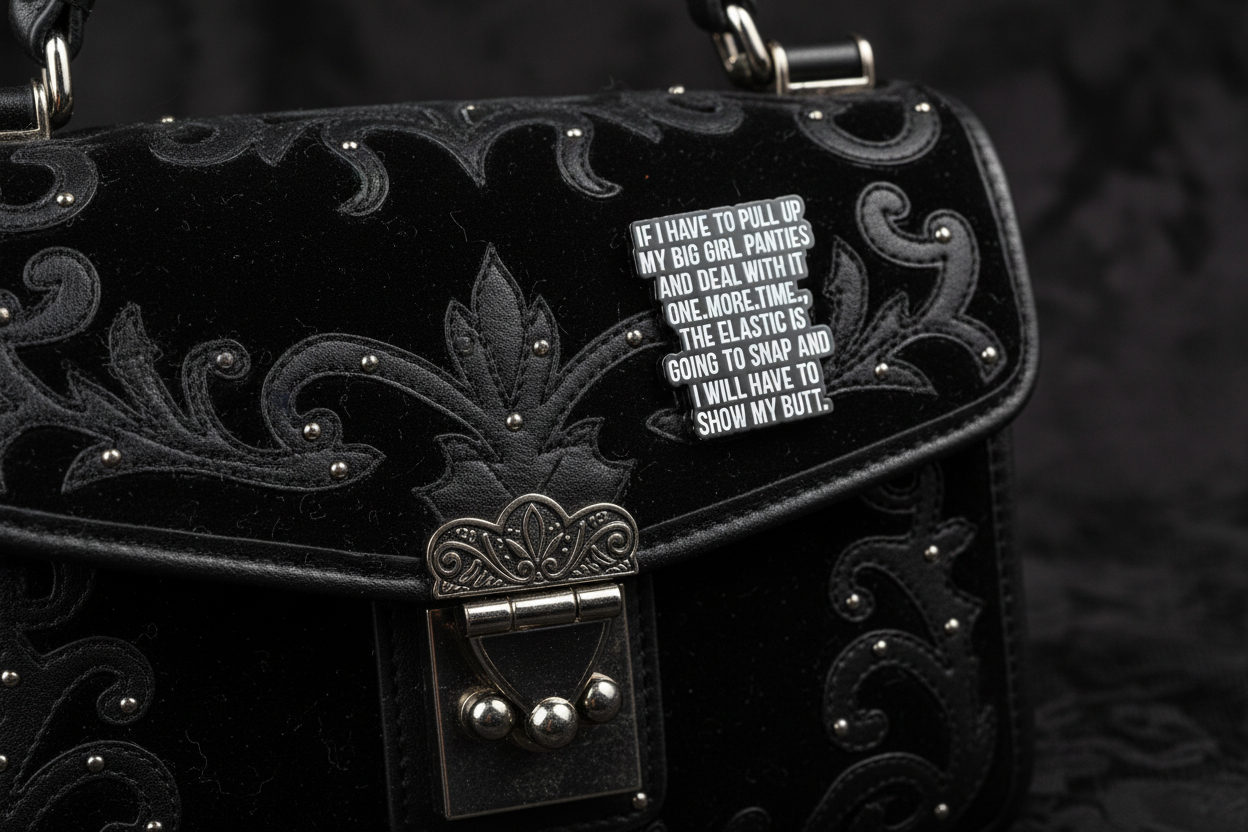a black enamel pin with white text on a black purse background