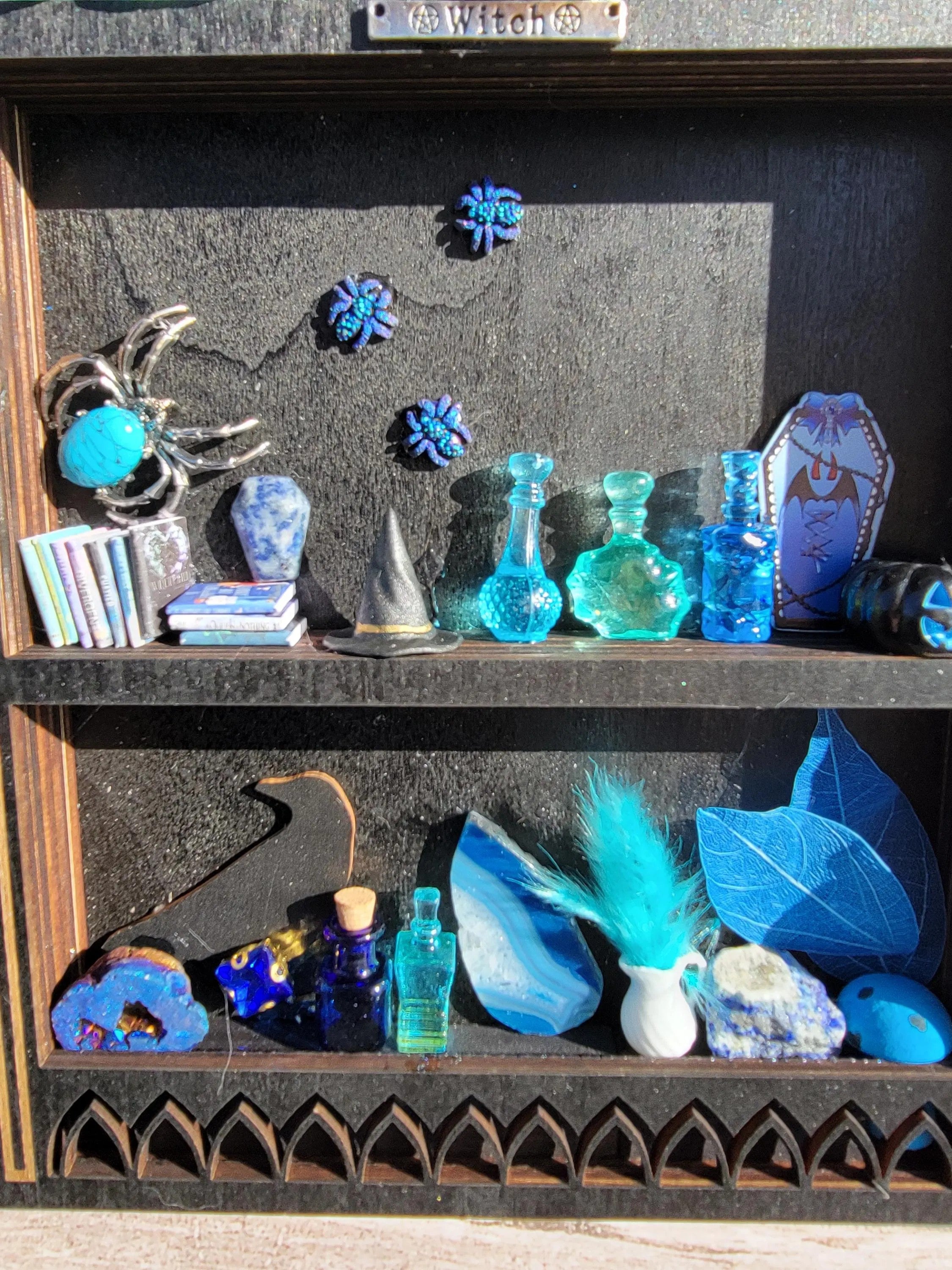 Black Arched Window Witch Shelf with Blue Dragon -  Gothic Wooden Wall Decor-  Handmade Fantasy Alter Shelf with Miniatures