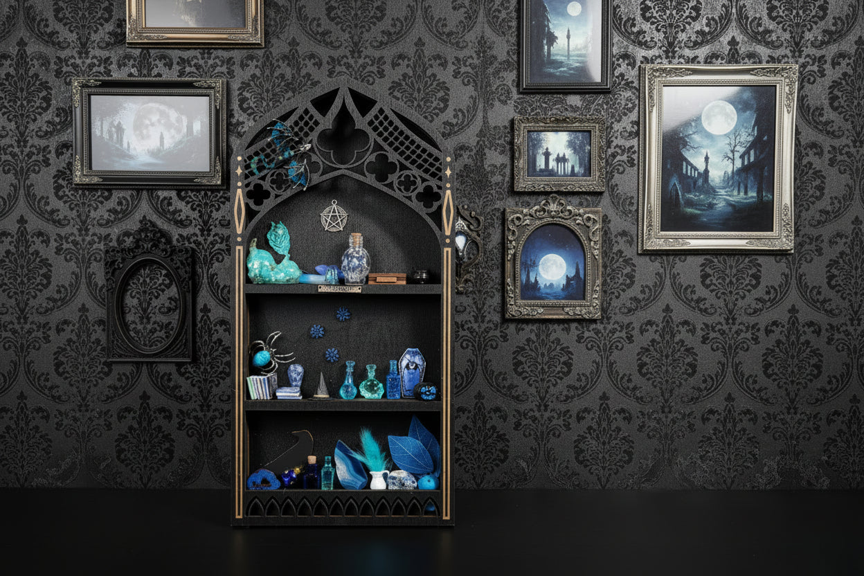 Decorative shelf with blue and green decorative items against a light blue wall.