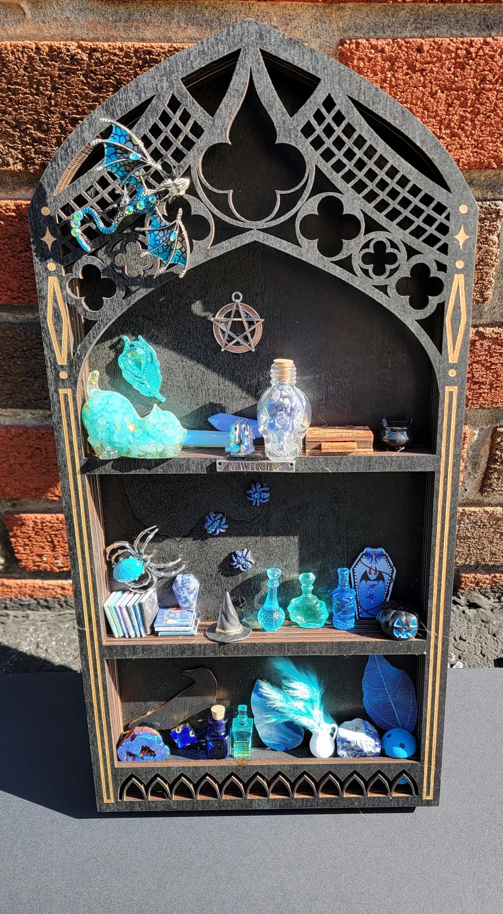 Black Arched Window Witch Shelf with Blue Dragon -  Gothic Wooden Wall Decor-  Handmade Fantasy Alter Shelf with Miniatures