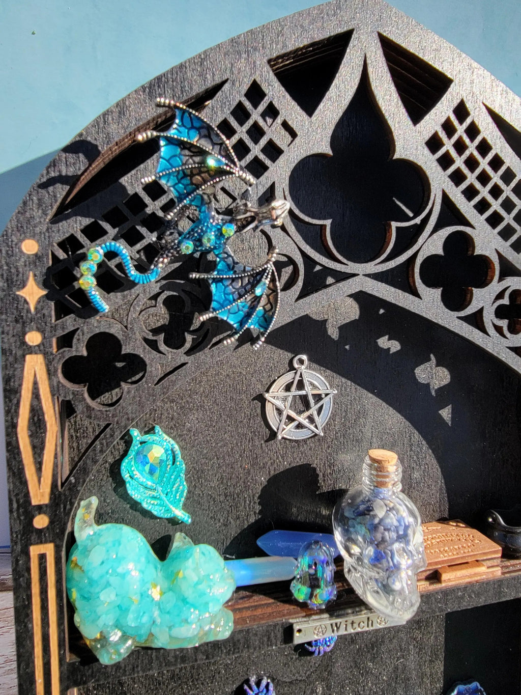 Black Arched Window Witch Shelf with Blue Dragon -  Gothic Wooden Wall Decor-  Handmade Fantasy Alter Shelf with Miniatures