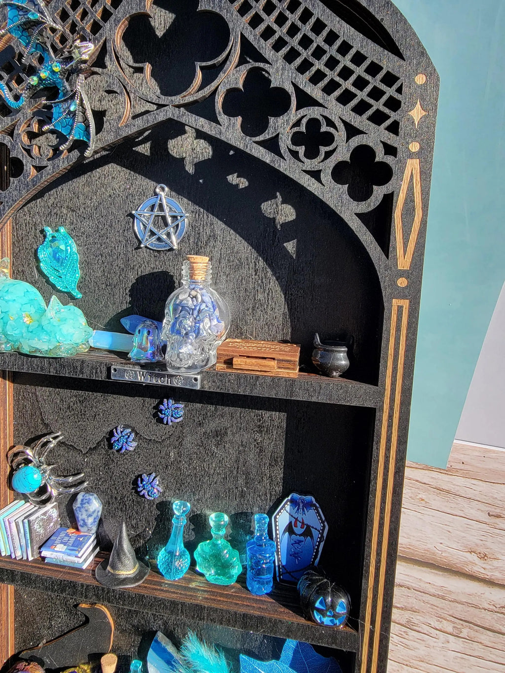 Black Arched Window Witch Shelf with Blue Dragon -  Gothic Wooden Wall Decor-  Handmade Fantasy Alter Shelf with Miniatures