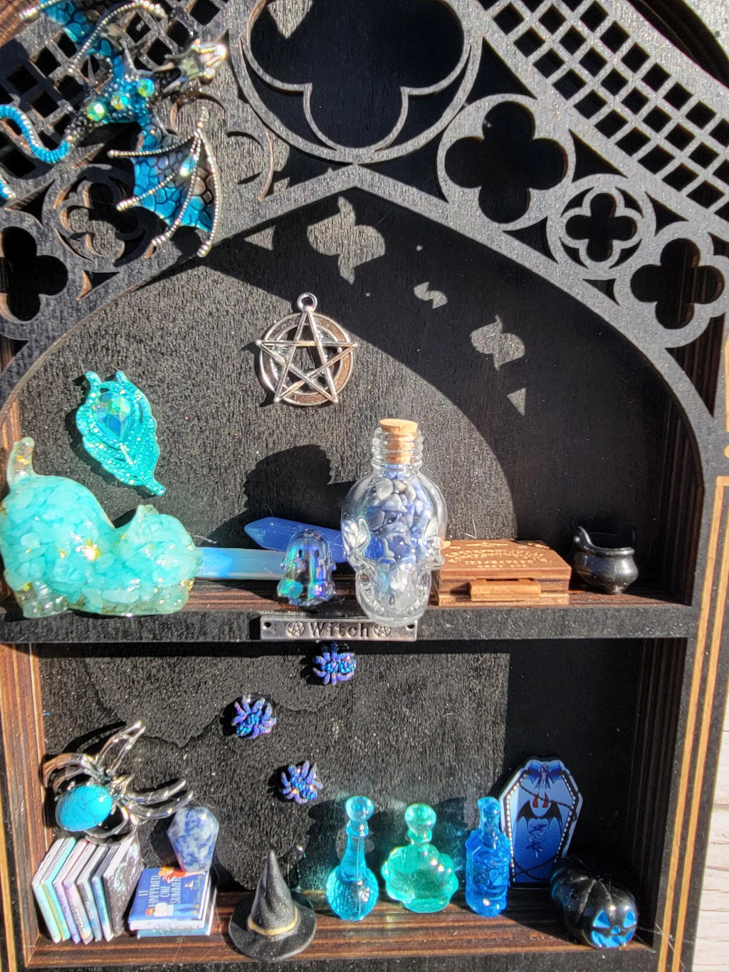 Black Arched Window Witch Shelf with Blue Dragon -  Gothic Wooden Wall Decor-  Handmade Fantasy Alter Shelf with Miniatures
