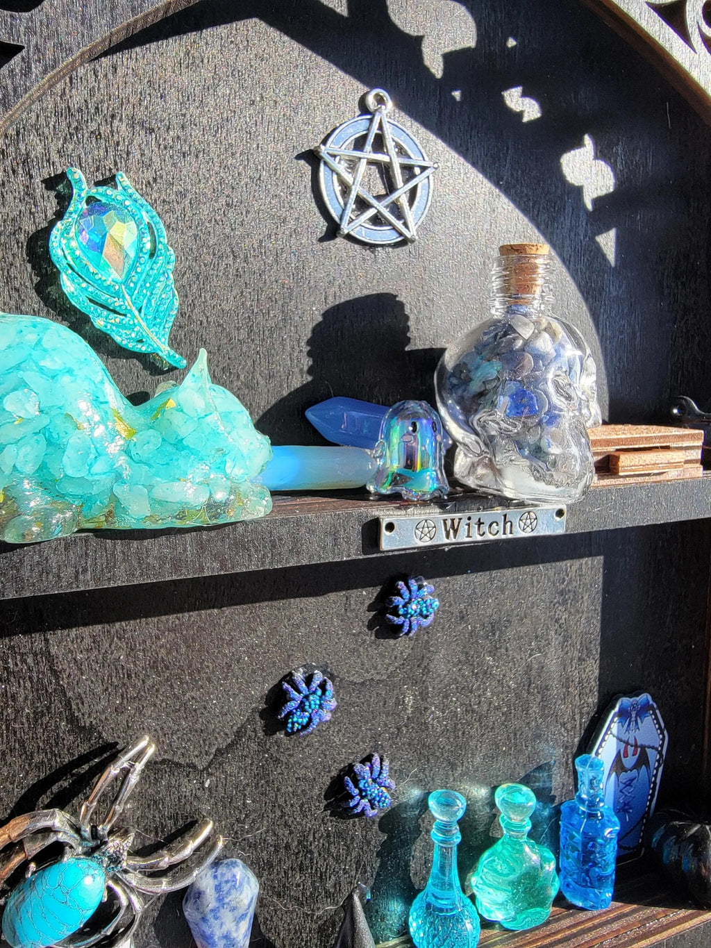 Black Arched Window Witch Shelf with Blue Dragon -  Gothic Wooden Wall Decor-  Handmade Fantasy Alter Shelf with Miniatures