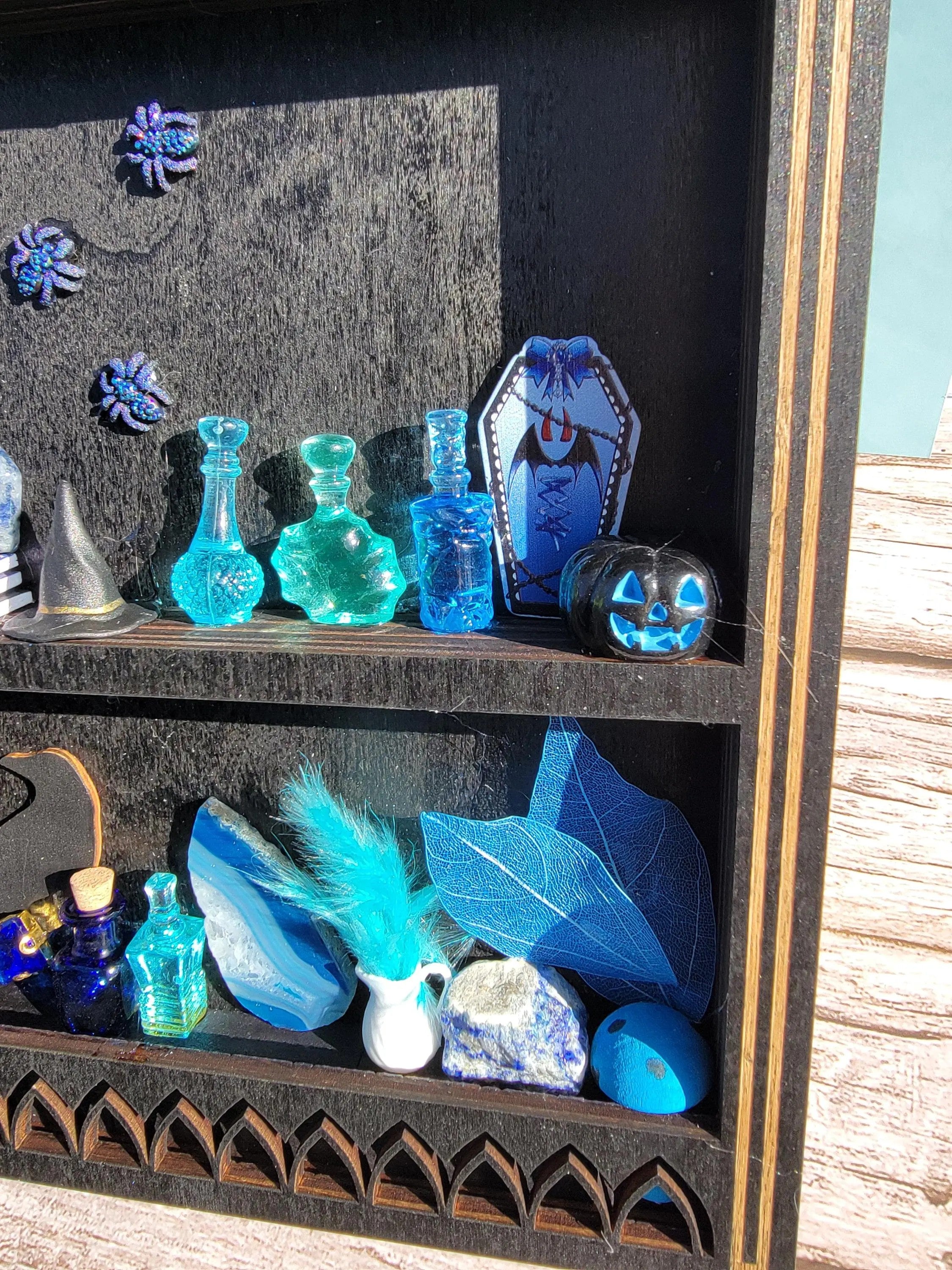 Black Arched Window Witch Shelf with Blue Dragon -  Gothic Wooden Wall Decor-  Handmade Fantasy Alter Shelf with Miniatures