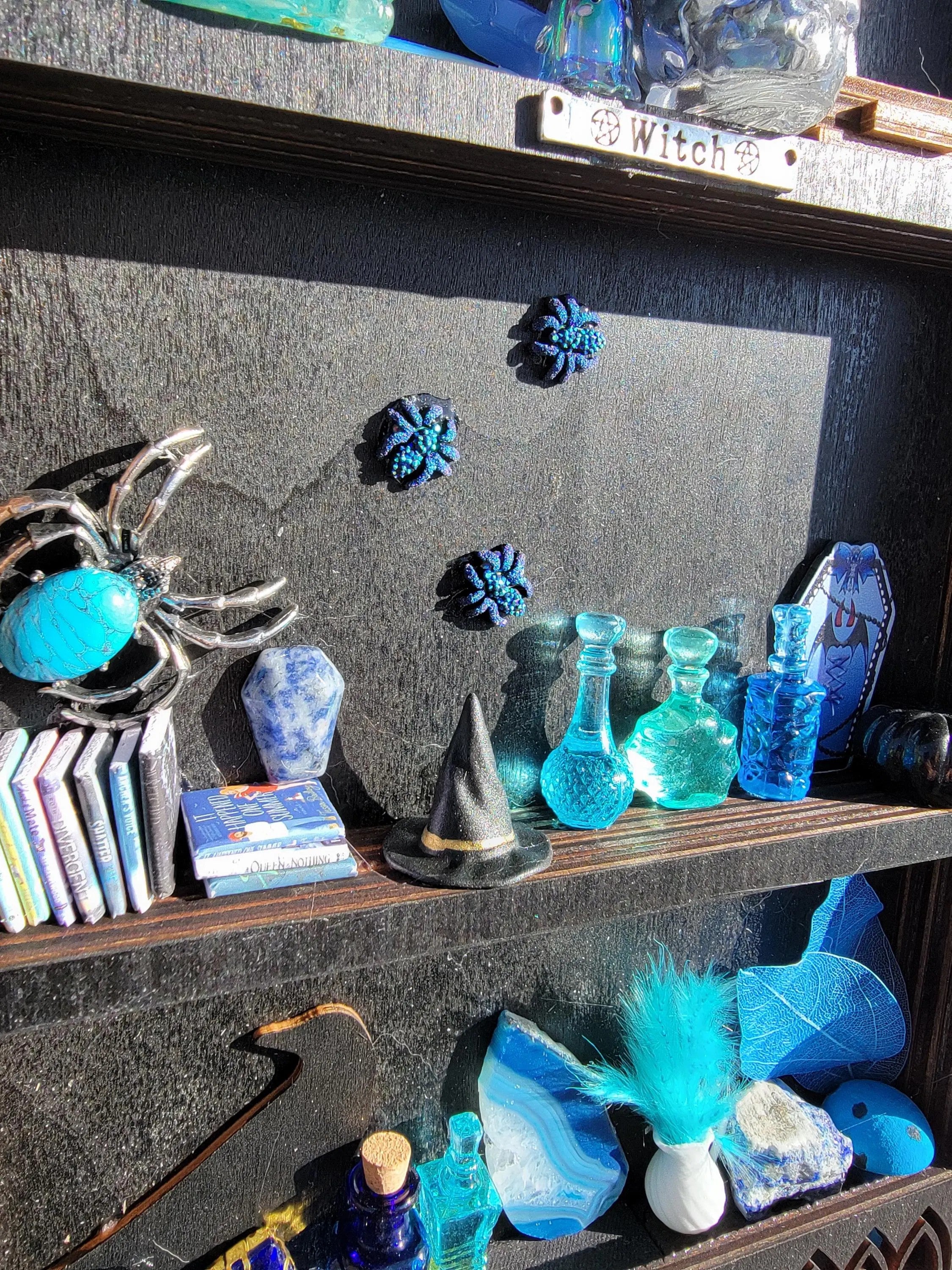 Black Arched Window Witch Shelf with Blue Dragon -  Gothic Wooden Wall Decor-  Handmade Fantasy Alter Shelf with Miniatures