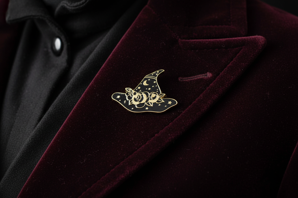 black and gold witch hat enamel pin worn on jacket lapel, goth pin styles for everyday wear