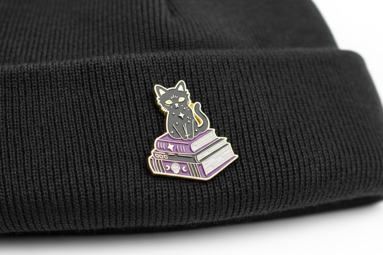 black cat on book enamel pin worn on beanie hat gothy enamel pin for casual outfits and street wear