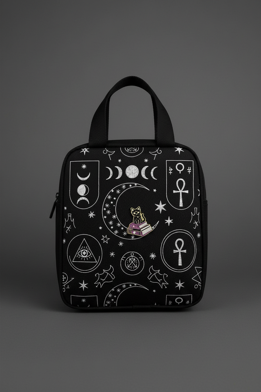 black cat on book enamel pin attached to purse witchy brooch accessory for bags and personal style