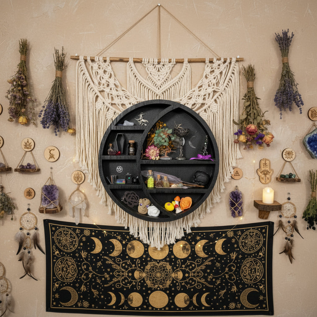 Dark cottage core witch shelf displayed in a cozy room setting with miniature apothecary decor, fairy tale accents, and warm Gothic aesthetic