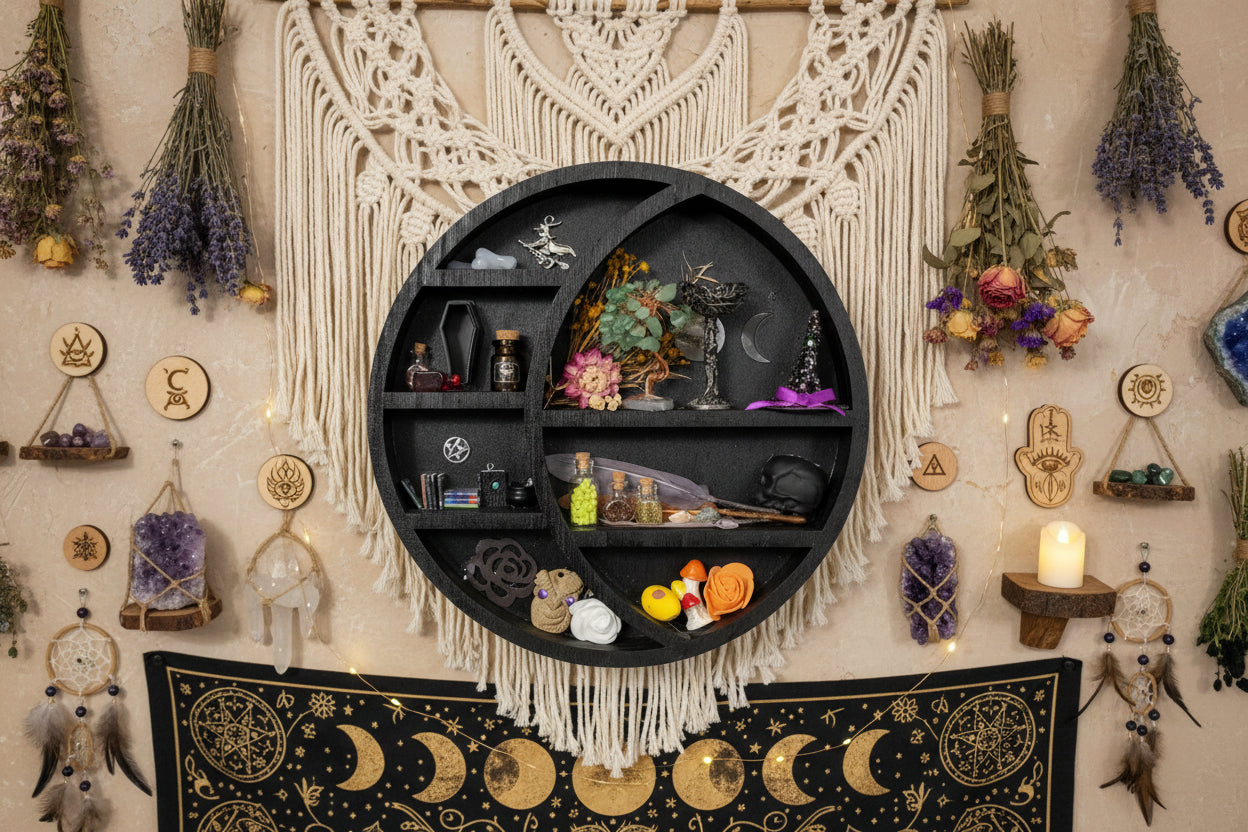 Round Black Wooden Cabinet of Curiosities - Witchy Wall Shelf with Triple Moon Cutout - Gothic Miniature Display Decor