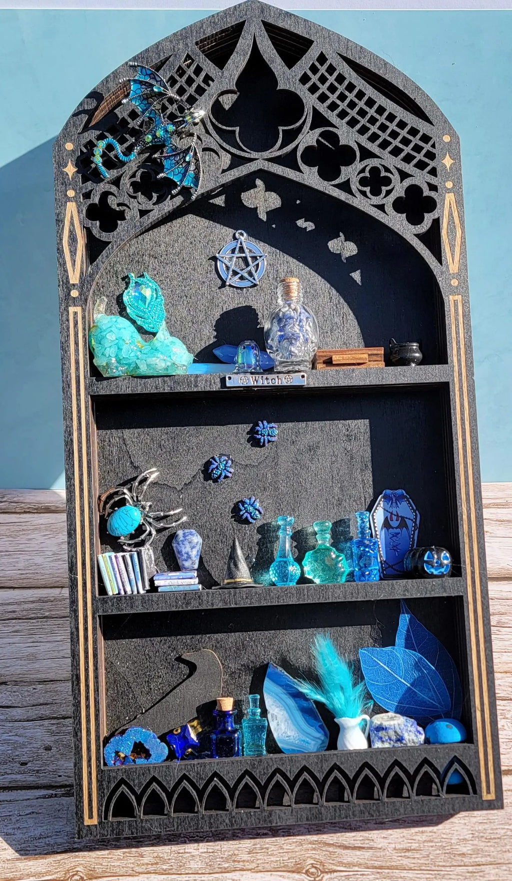 Black Arched Window Witch Shelf with Blue Dragon -  Gothic Wooden Wall Decor-  Handmade Fantasy Alter Shelf with Miniatures