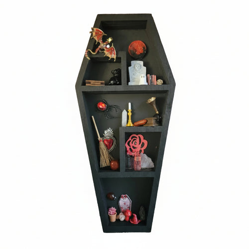 Black coffin-shaped wooden witch shelf   filled with handmade miniature décor including potion bottles, books, crystals, candles, and Gothic fantasy details perfect gift for witches