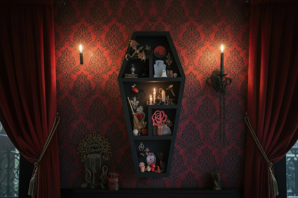 Black coffin-shaped shelf with decorative items against a wooden floor and wall.