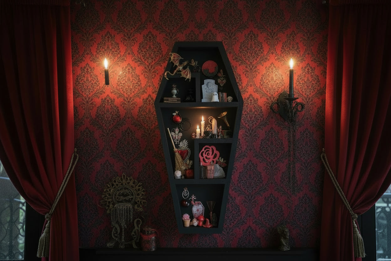 Black coffin-shaped shelf with decorative items against a wooden floor and wall.