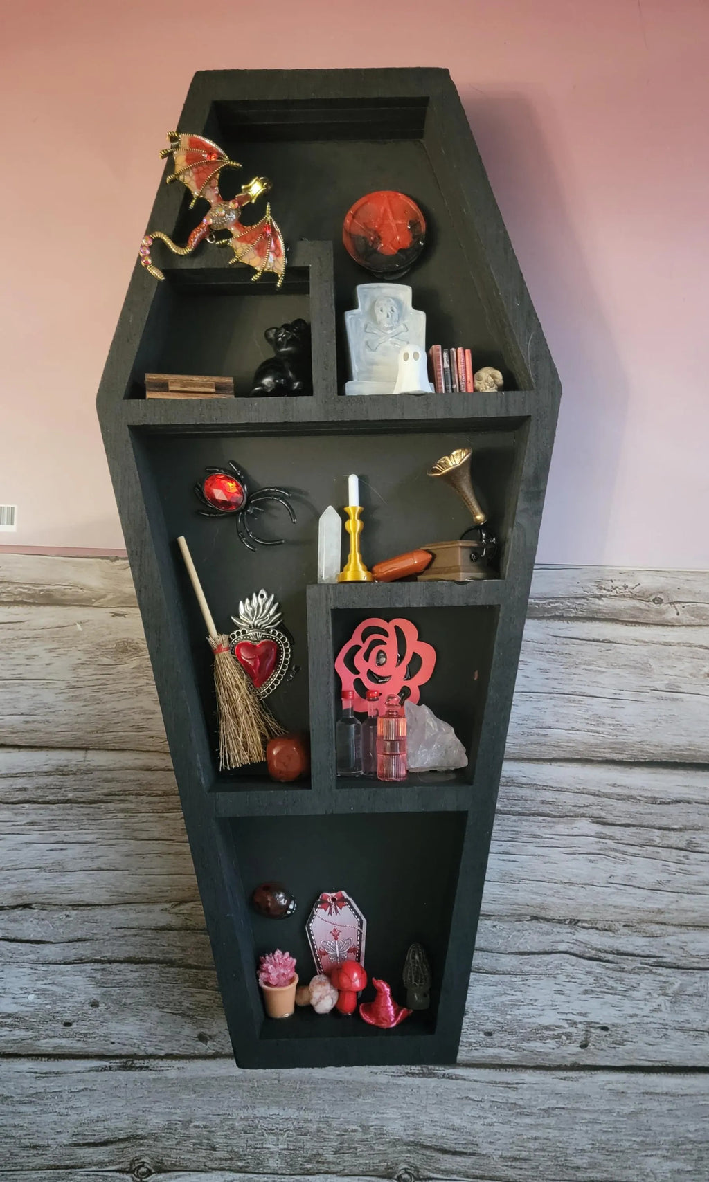 Black Coffin Witch Shelf with Fairy Lights - Gothic Wooden Wall Decor - Handmade Alter Display with Red Miniatures