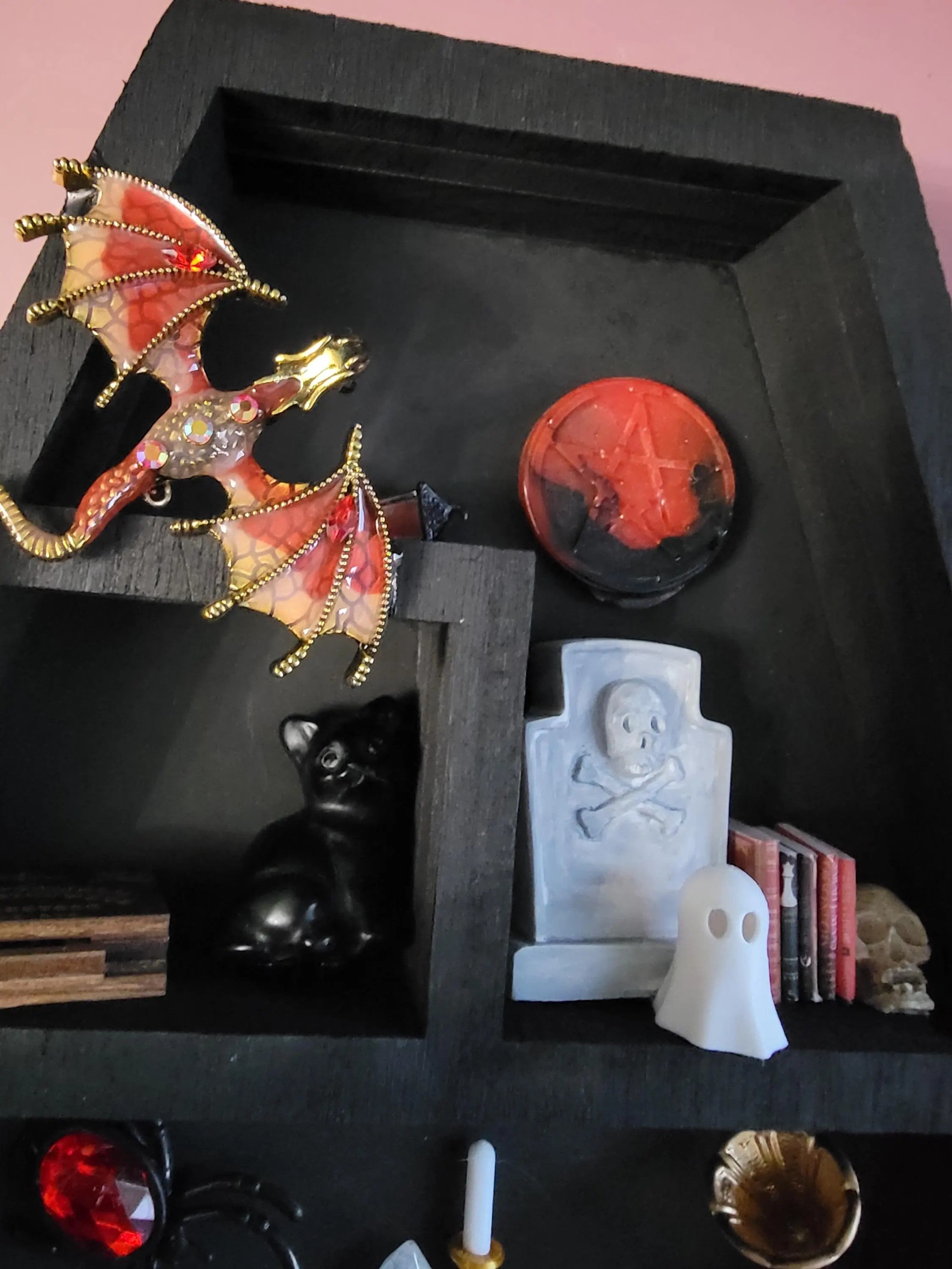 Black Coffin Witch Shelf with Fairy Lights - Gothic Wooden Wall Decor - Handmade Alter Display with Red Miniatures