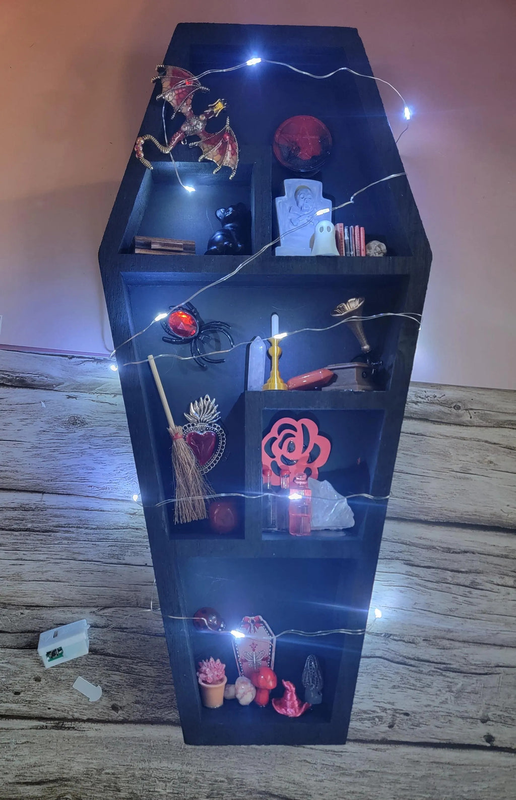 Black Coffin Witch Shelf with Fairy Lights - Gothic Wooden Wall Decor - Handmade Alter Display with Red Miniatures