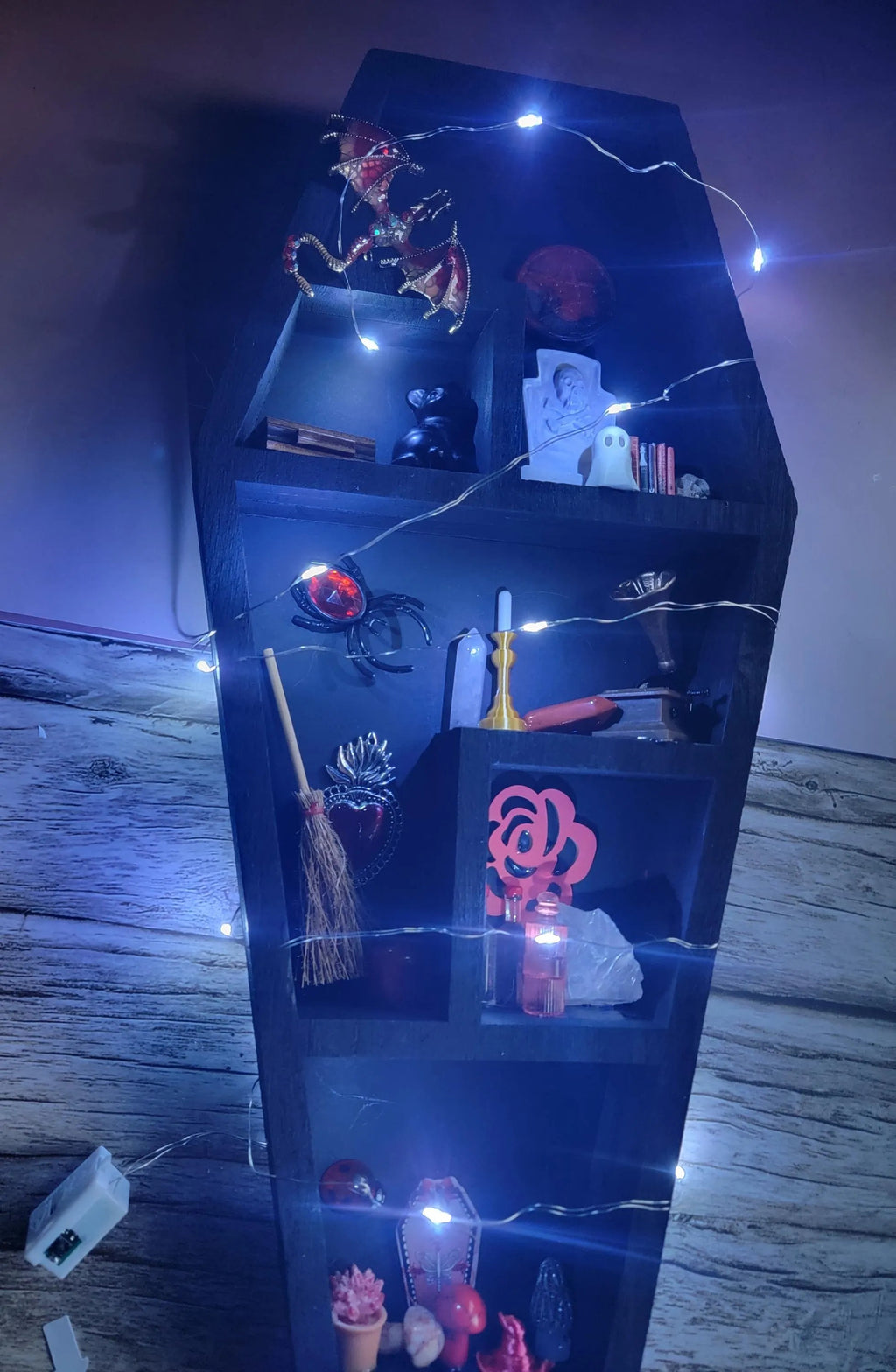 Black Coffin Witch Shelf with Fairy Lights - Gothic Wooden Wall Decor - Handmade Alter Display with Red Miniatures