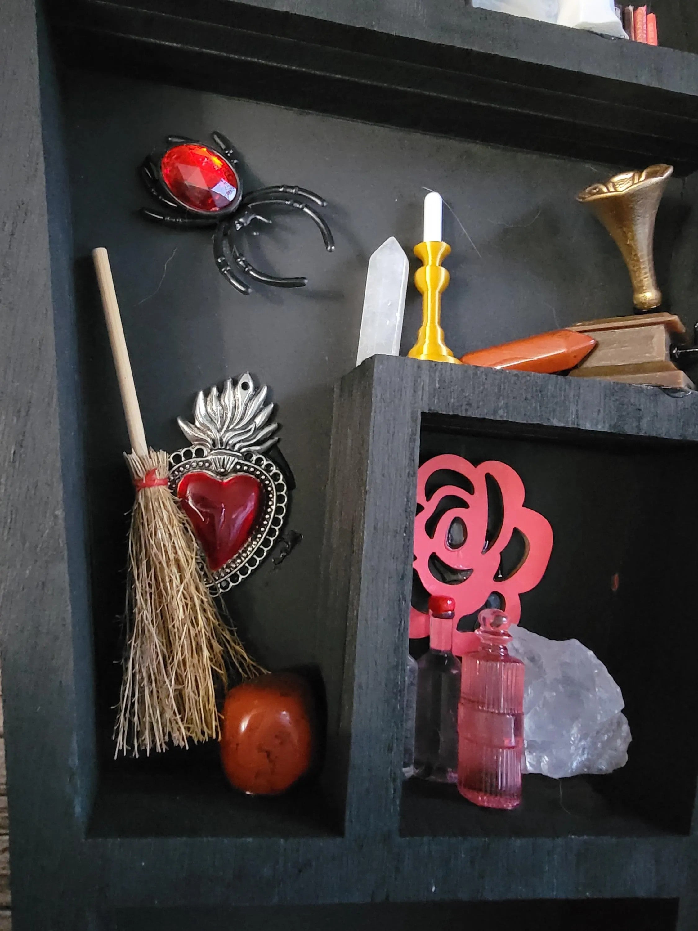 Black Coffin Witch Shelf with Fairy Lights - Gothic Wooden Wall Decor - Handmade Alter Display with Red Miniatures