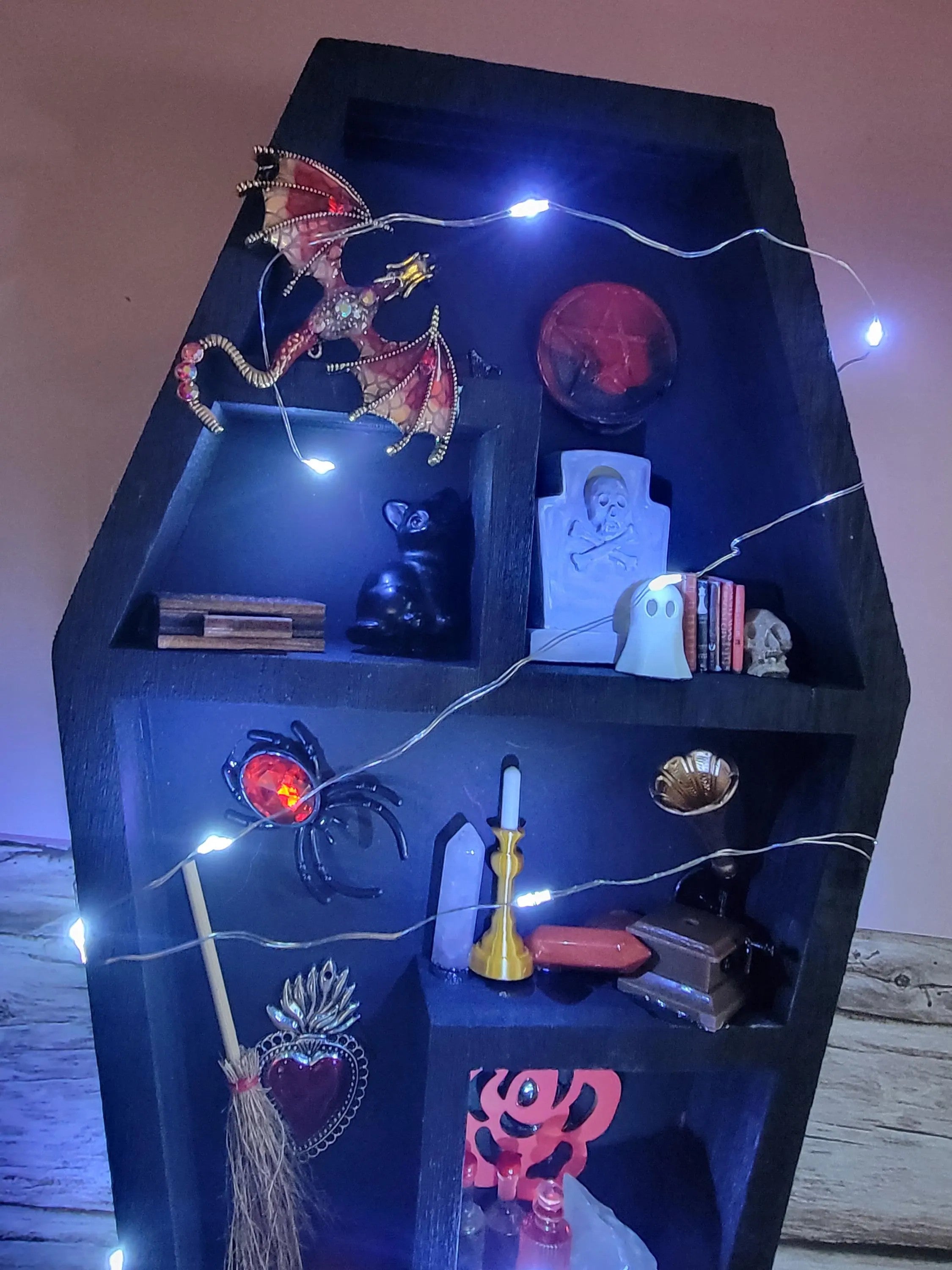 Black Coffin Witch Shelf with Fairy Lights - Gothic Wooden Wall Decor - Handmade Alter Display with Red Miniatures