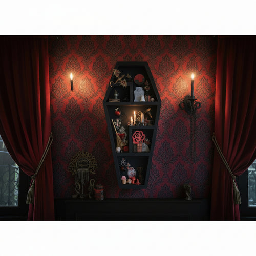 Dark cottage core witch shelf displayed in a cozy room setting with red and black miniature apothecary decor, fairy tale accents, and warm Gothic aesthetic