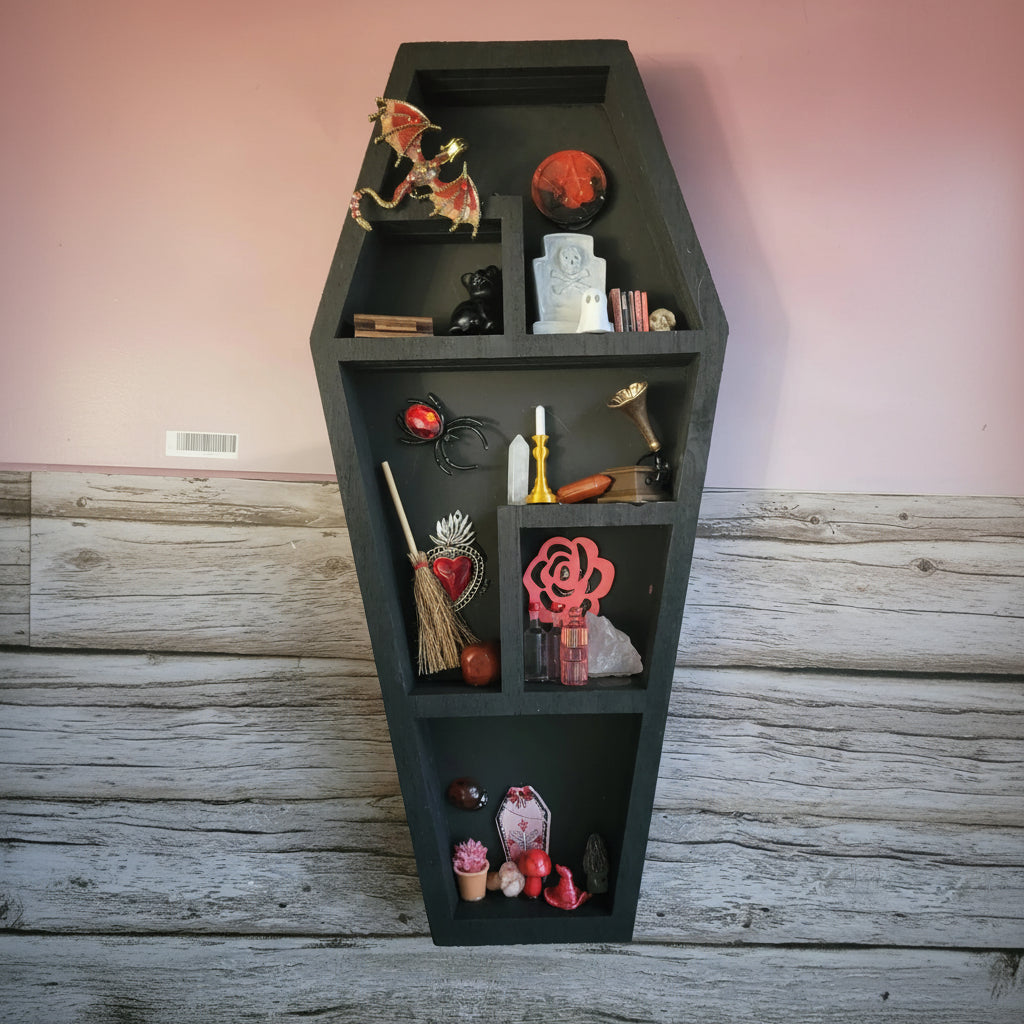  handmade wooden witch shelf filled with miniature décor including potion bottles, books, crystals, candles, and Gothic fantasy details perfect gift for witches