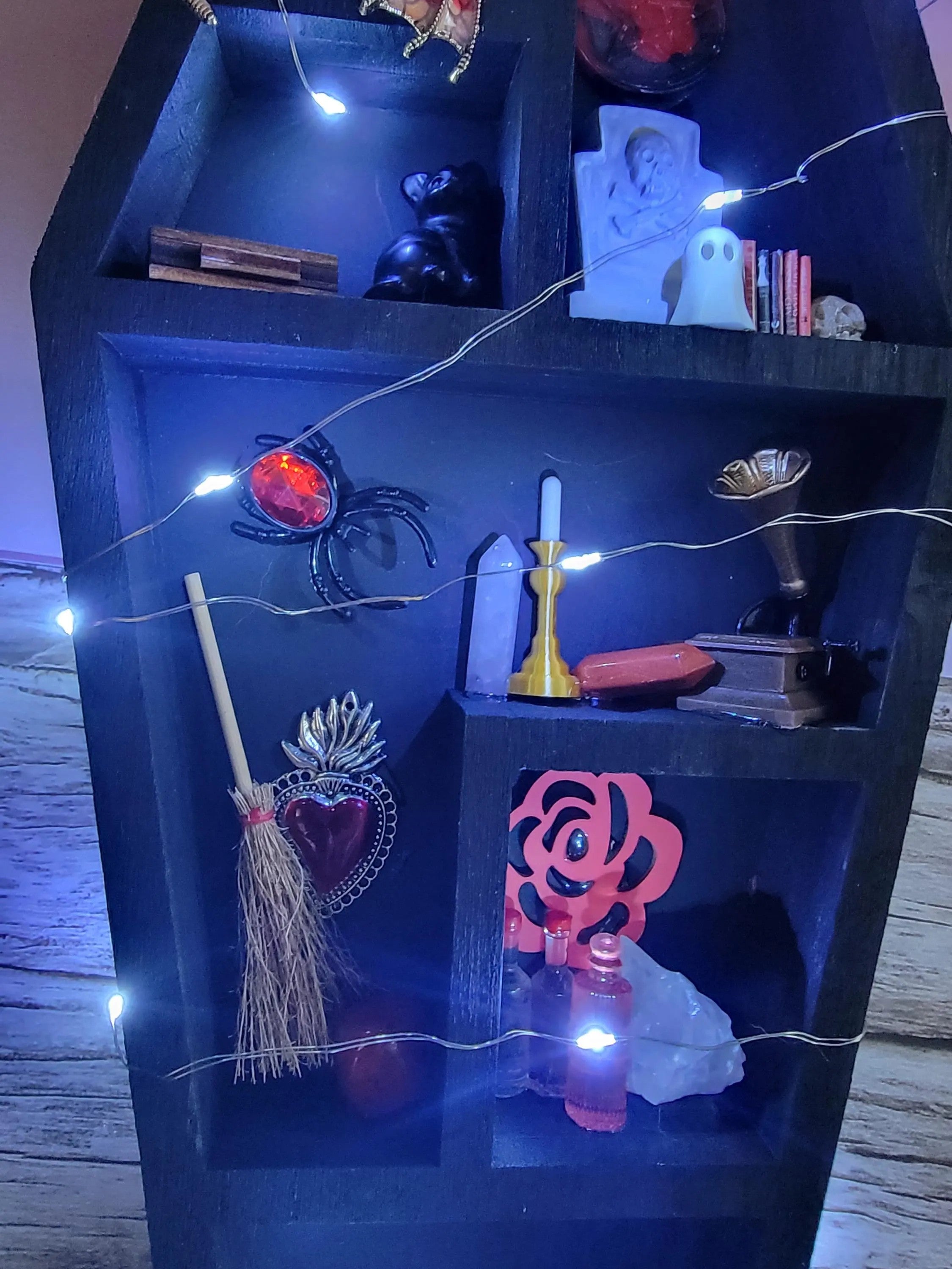 Black Coffin Witch Shelf with Fairy Lights - Gothic Wooden Wall Decor - Handmade Alter Display with Red Miniatures