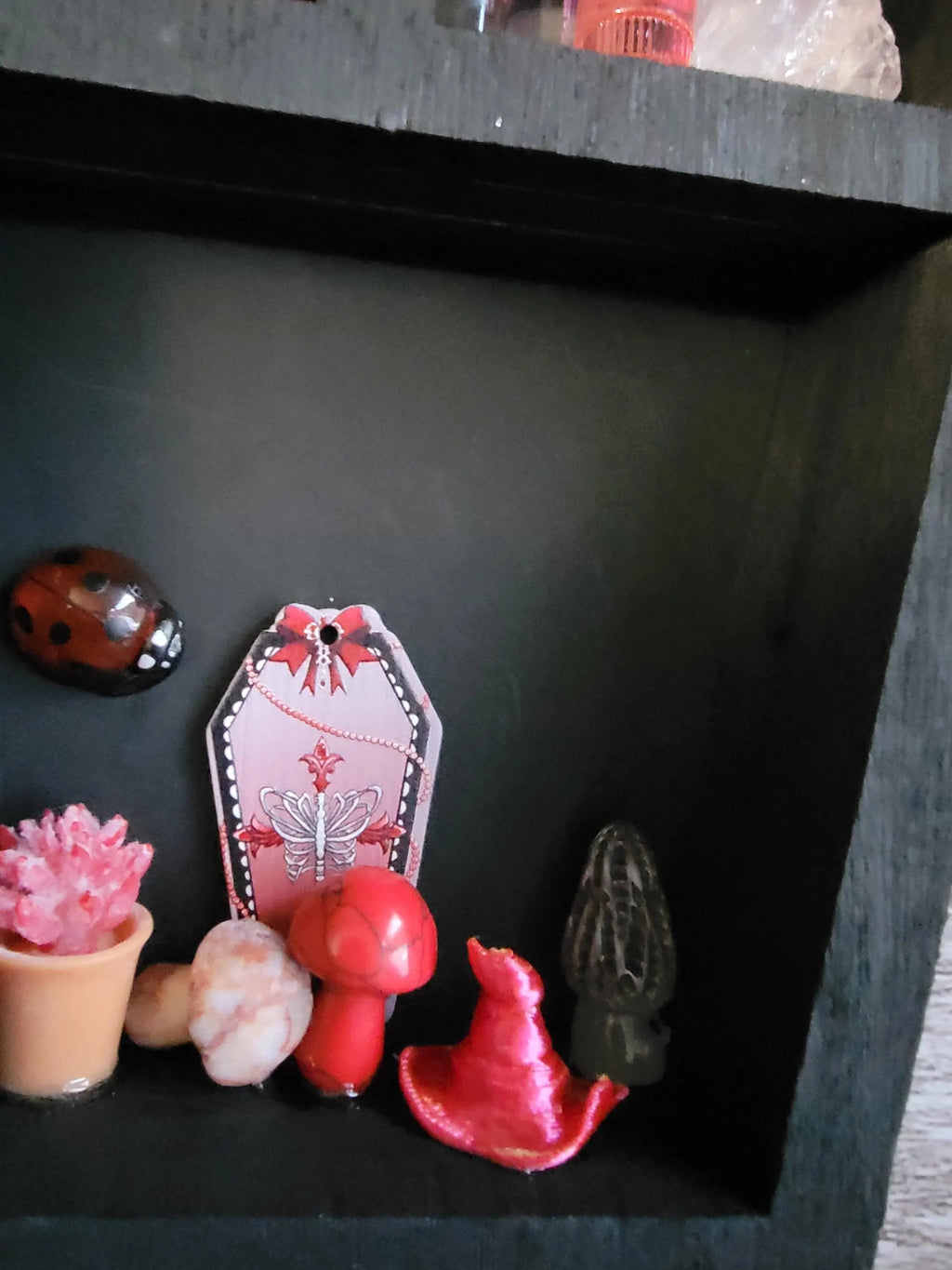 Black Coffin Witch Shelf with Fairy Lights - Gothic Wooden Wall Decor - Handmade Alter Display with Red Miniatures