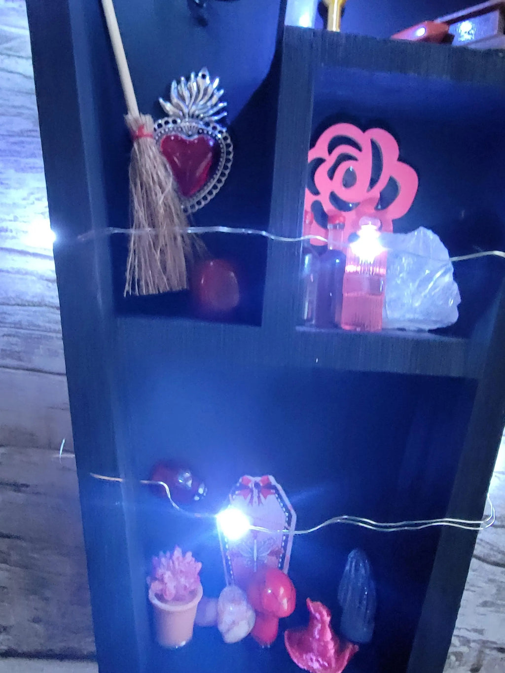 Black Coffin Witch Shelf with Fairy Lights - Gothic Wooden Wall Decor - Handmade Alter Display with Red Miniatures