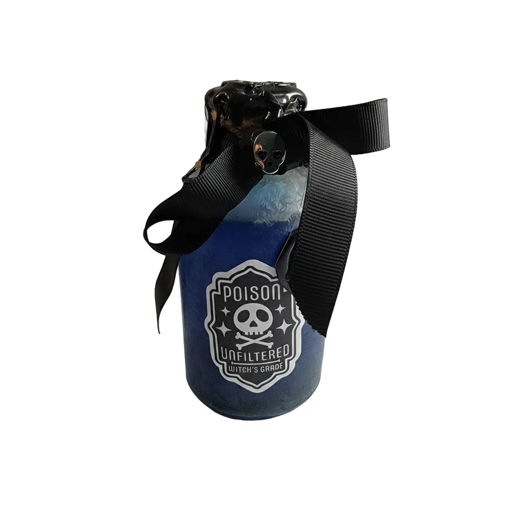 Handmade witchy potion bottle with blue liquid, wax seal, and gothic apothecary label on white background