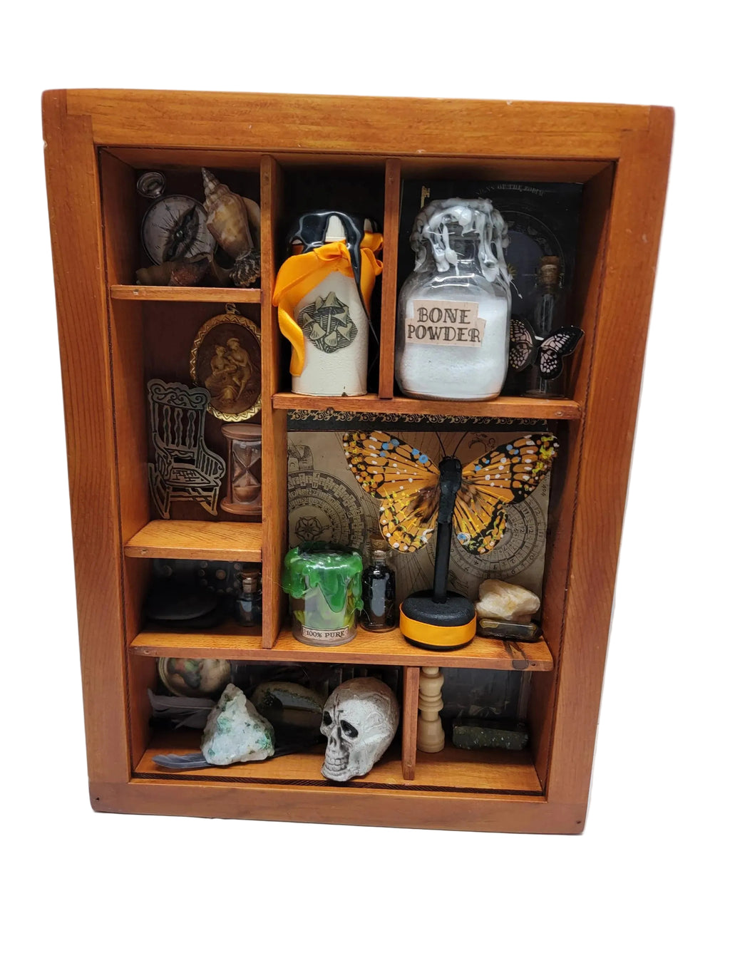 Upcycled Brown Cabinet of Curiosities - Witchy Miniature Wall Shelf with Crystals, Skull & Potin Bottles - Gothic Decor
