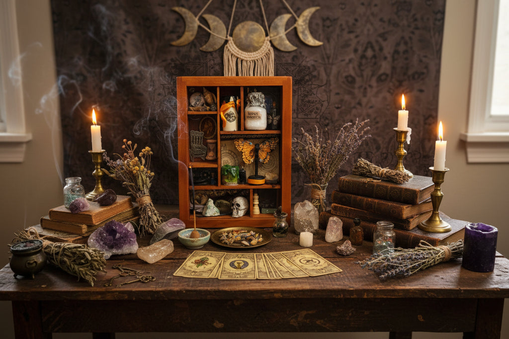 Upcycled Brown Cabinet of Curiosities - Witchy Miniature Wall Shelf with Crystals, Skull & Potin Bottles - Gothic Decor