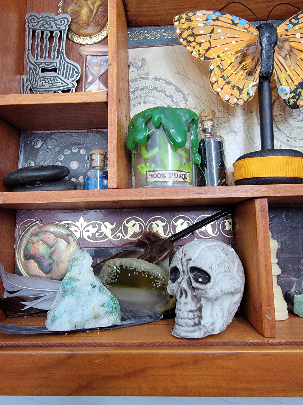 Upcycled Brown Cabinet of Curiosities - Witchy Miniature Wall Shelf with Crystals, Skull & Potin Bottles - Gothic Decor