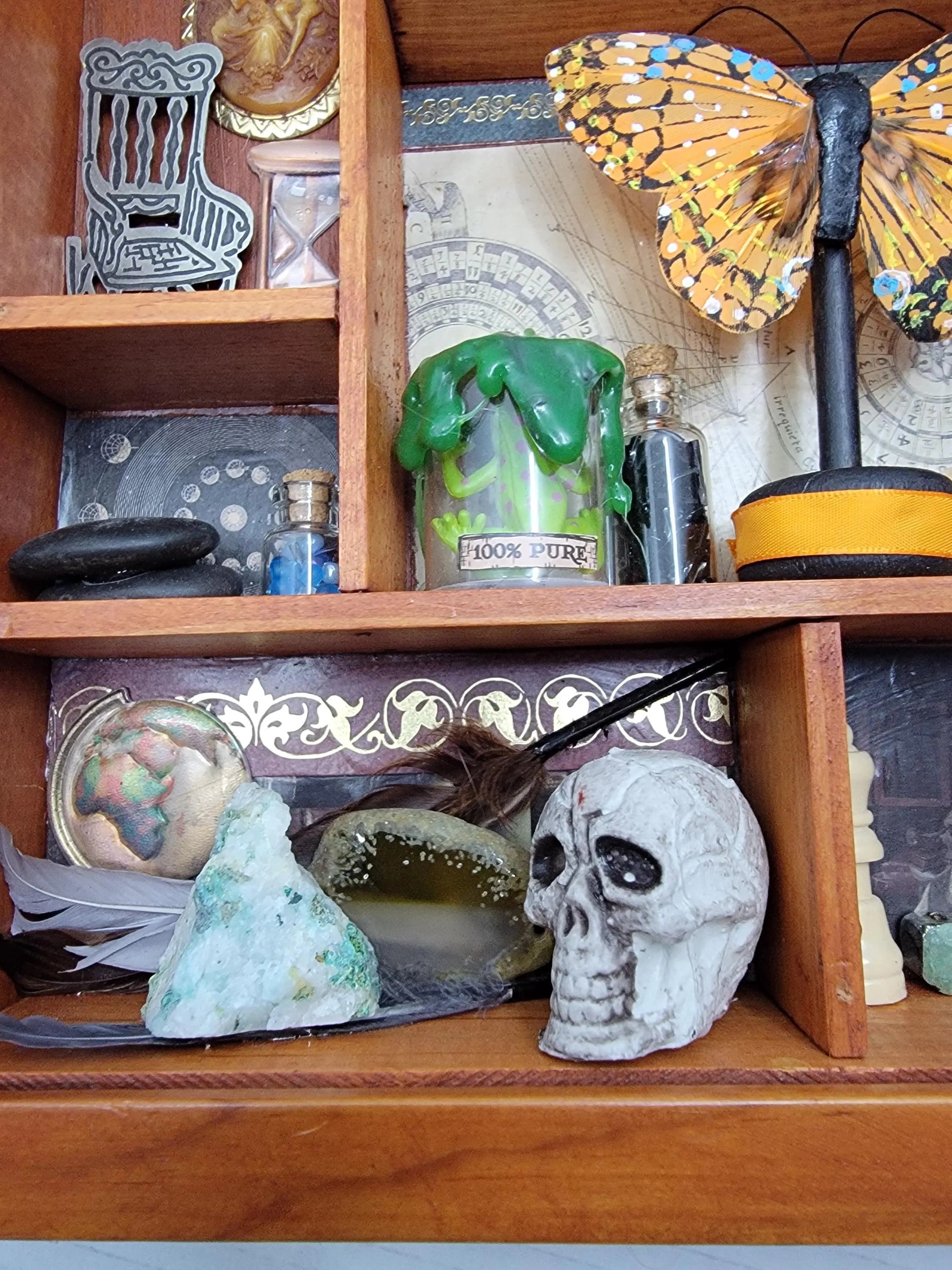 Upcycled Brown Cabinet of Curiosities - Witchy Miniature Wall Shelf with Crystals, Skull & Potin Bottles - Gothic Decor