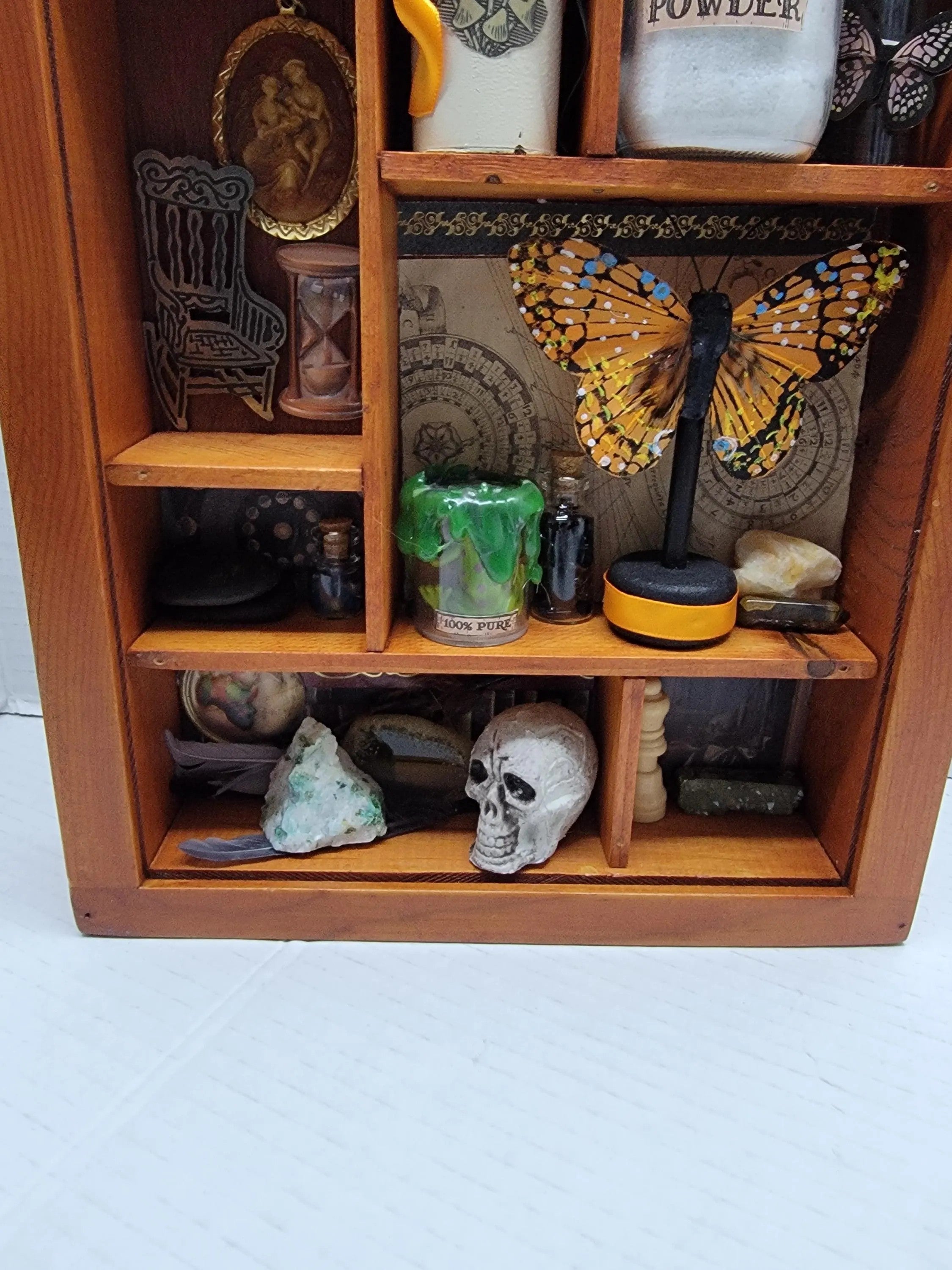 Upcycled Brown Cabinet of Curiosities - Witchy Miniature Wall Shelf with Crystals, Skull & Potin Bottles - Gothic Decor