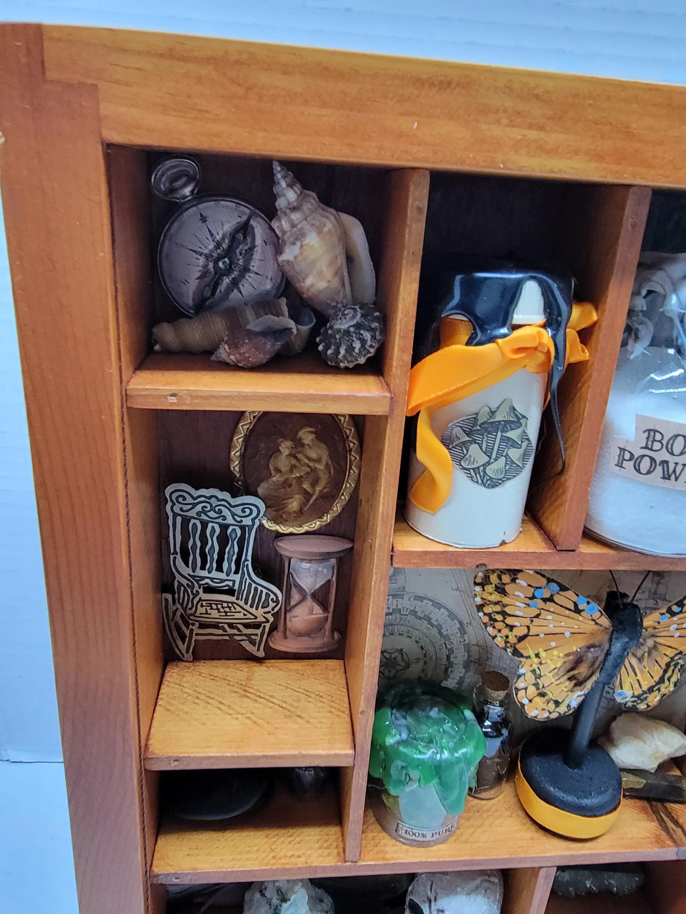 Upcycled Brown Cabinet of Curiosities - Witchy Miniature Wall Shelf with Crystals, Skull & Potin Bottles - Gothic Decor