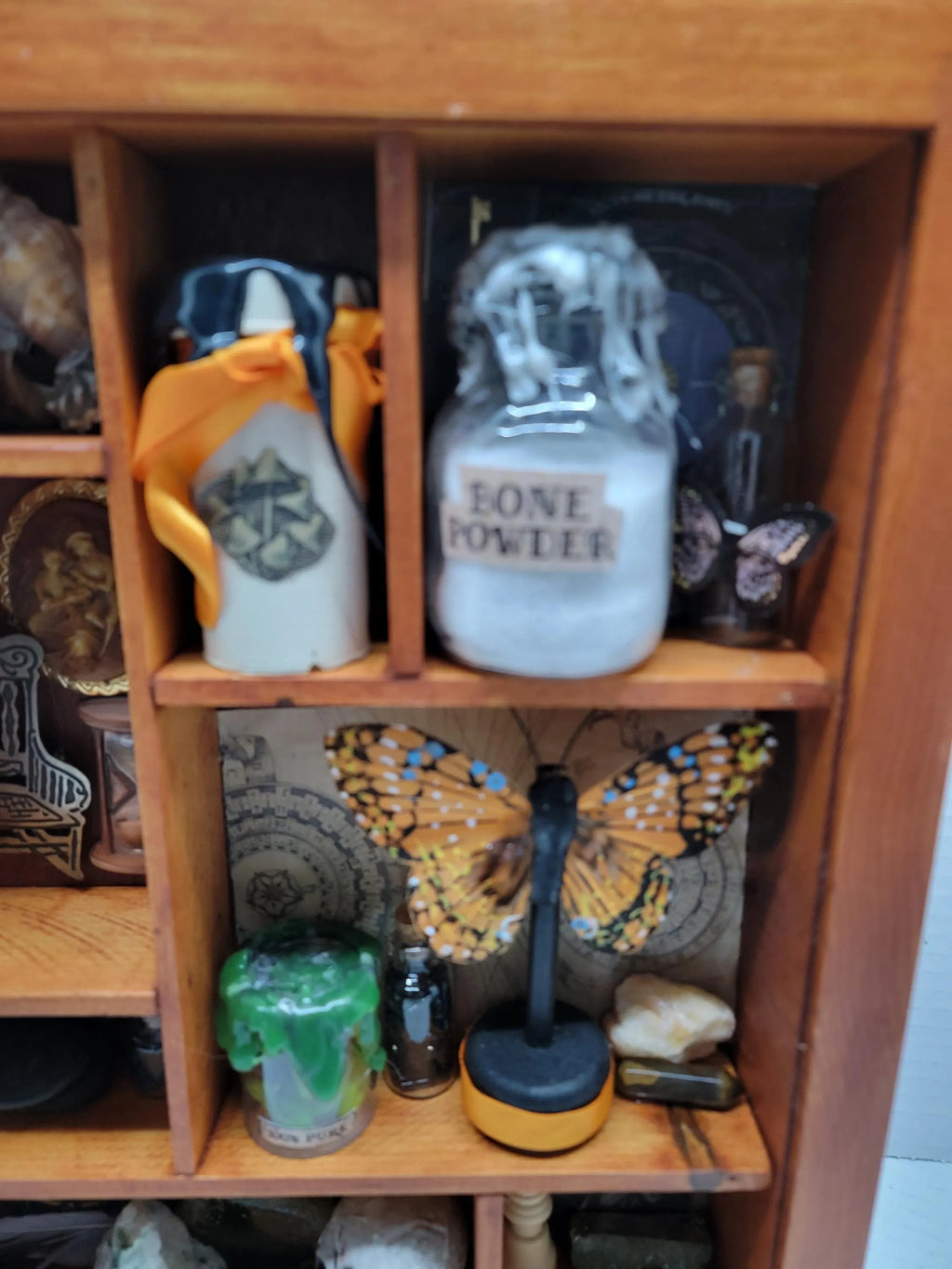 Upcycled Brown Cabinet of Curiosities - Witchy Miniature Wall Shelf with Crystals, Skull & Potin Bottles - Gothic Decor