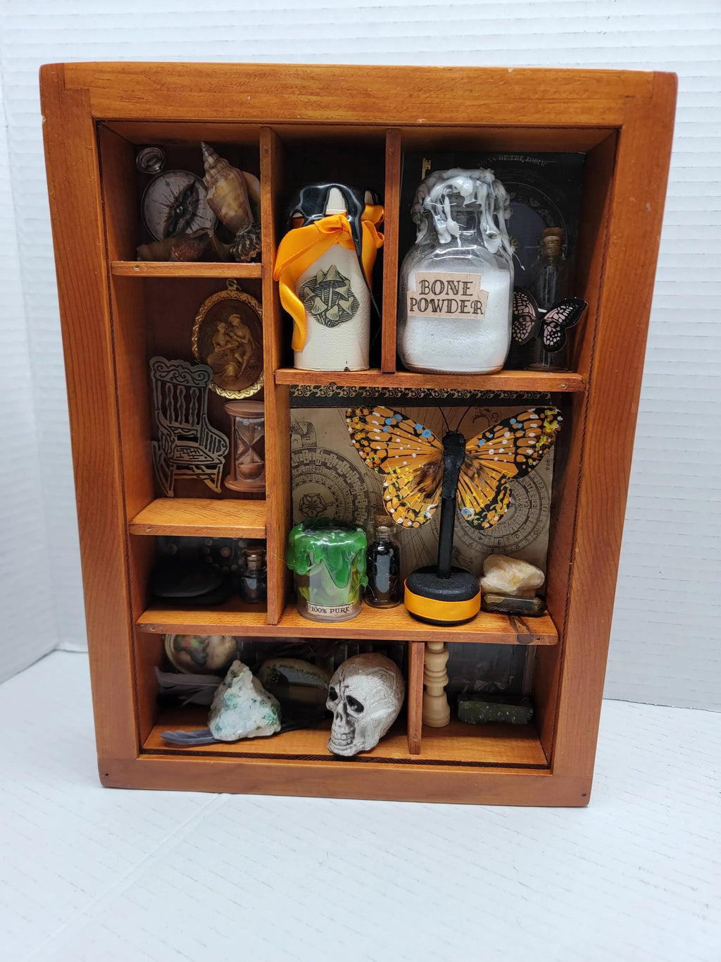 Upcycled Brown Cabinet of Curiosities - Witchy Miniature Wall Shelf with Crystals, Skull & Potin Bottles - Gothic Decor